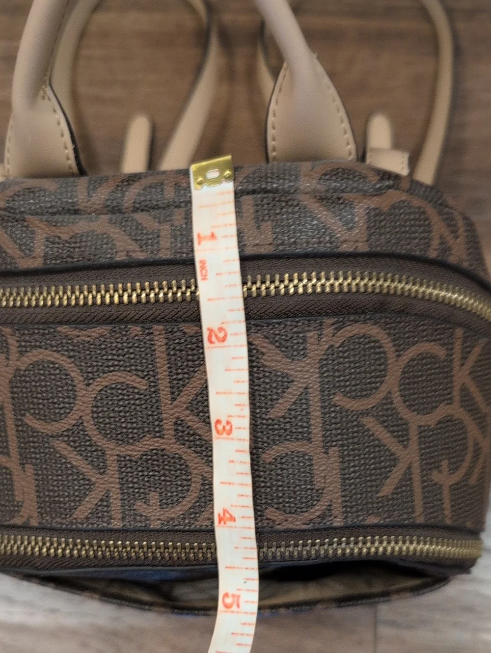 Calvin Klein Brown Monogram Mini Backpack with Tan Handle